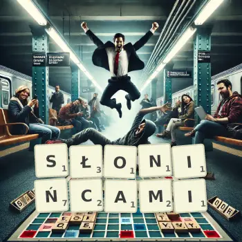 Kreatywna ilustracja do gry w Scrabble ze słowem SŁONIŃCAMI ułożonym z płytek na planszy.