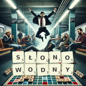 Kreatywna ilustracja do gry w Scrabble ze słowem SŁONOWODNY ułożonym z płytek na planszy.