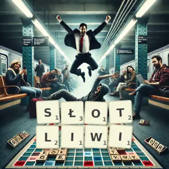 Kreatywna ilustracja do gry w Scrabble ze słowem SŁOTLIWI ułożonym z płytek na planszy.