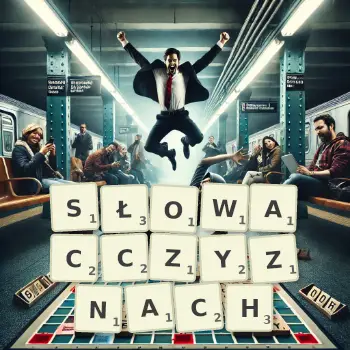 Kreatywna ilustracja do gry w Scrabble ze słowem SŁOWACCZYZNACH ułożonym z płytek na planszy.