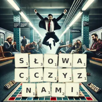 Kreatywna ilustracja do gry w Scrabble ze słowem SŁOWACCZYZNAMI ułożonym z płytek na planszy.