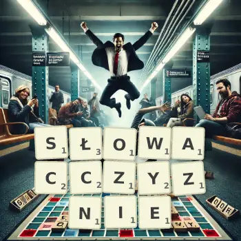 Kreatywna ilustracja do gry w Scrabble ze słowem SŁOWACCZYZNIE ułożonym z płytek na planszy.