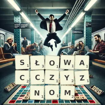 Kreatywna ilustracja do gry w Scrabble ze słowem SŁOWACCZYZNOM ułożonym z płytek na planszy.