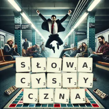 Kreatywna ilustracja do gry w Scrabble ze słowem SŁOWACYSTYCZNA ułożonym z płytek na planszy.