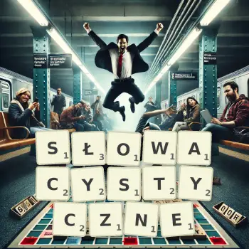 Kreatywna ilustracja do gry w Scrabble ze słowem SŁOWACYSTYCZNE ułożonym z płytek na planszy.