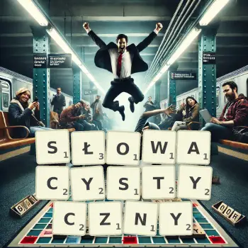 Kreatywna ilustracja do gry w Scrabble ze słowem SŁOWACYSTYCZNY ułożonym z płytek na planszy.