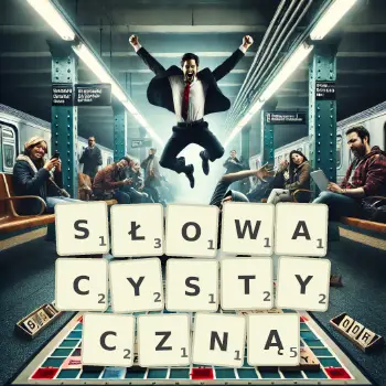 Kreatywna ilustracja do gry w Scrabble ze słowem SŁOWACYSTYCZNĄ ułożonym z płytek na planszy.