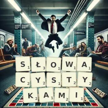 Kreatywna ilustracja do gry w Scrabble ze słowem SŁOWACYSTYKAMI ułożonym z płytek na planszy.