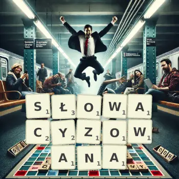 Kreatywna ilustracja do gry w Scrabble ze słowem SŁOWACYZOWANA ułożonym z płytek na planszy.