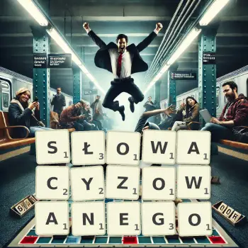 Kreatywna ilustracja do gry w Scrabble ze słowem SŁOWACYZOWANEGO ułożonym z płytek na planszy.