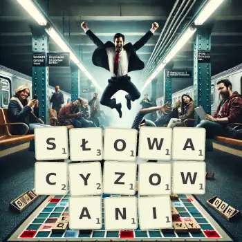 Kreatywna ilustracja do gry w Scrabble ze słowem SŁOWACYZOWANI ułożonym z płytek na planszy.