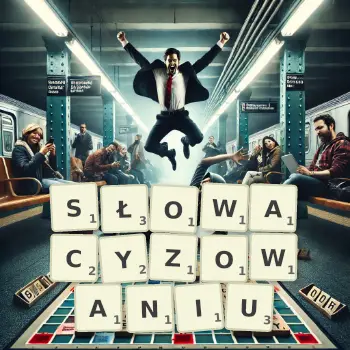 Kreatywna ilustracja do gry w Scrabble ze słowem SŁOWACYZOWANIU ułożonym z płytek na planszy.