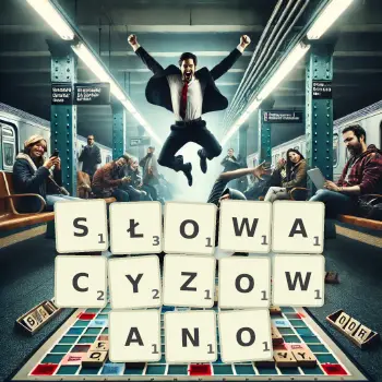 Kreatywna ilustracja do gry w Scrabble ze słowem SŁOWACYZOWANO ułożonym z płytek na planszy.