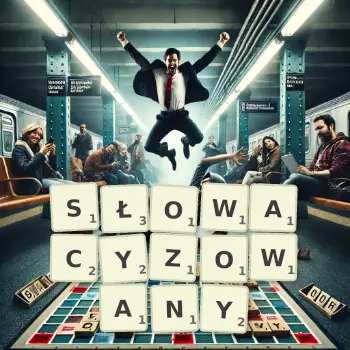 Kreatywna ilustracja do gry w Scrabble ze słowem SŁOWACYZOWANY ułożonym z płytek na planszy.