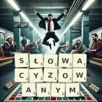 Kreatywna ilustracja do gry w Scrabble ze słowem SŁOWACYZOWANYM ułożonym z płytek na planszy.
