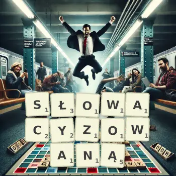 Kreatywna ilustracja do gry w Scrabble ze słowem SŁOWACYZOWANĄ ułożonym z płytek na planszy.