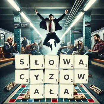 Kreatywna ilustracja do gry w Scrabble ze słowem SŁOWACYZOWAŁA ułożonym z płytek na planszy.
