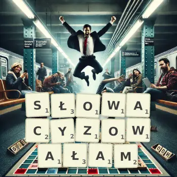 Kreatywna ilustracja do gry w Scrabble ze słowem SŁOWACYZOWAŁAM ułożonym z płytek na planszy.