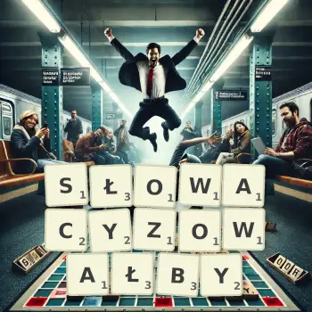 Kreatywna ilustracja do gry w Scrabble ze słowem SŁOWACYZOWAŁBY ułożonym z płytek na planszy.