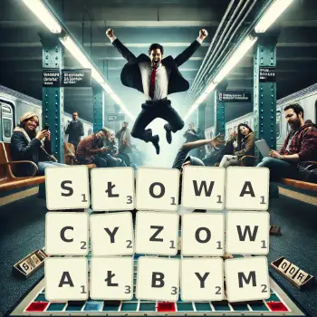 Kreatywna ilustracja do gry w Scrabble ze słowem SŁOWACYZOWAŁBYM ułożonym z płytek na planszy.