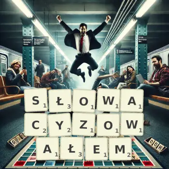 Kreatywna ilustracja do gry w Scrabble ze słowem SŁOWACYZOWAŁEM ułożonym z płytek na planszy.