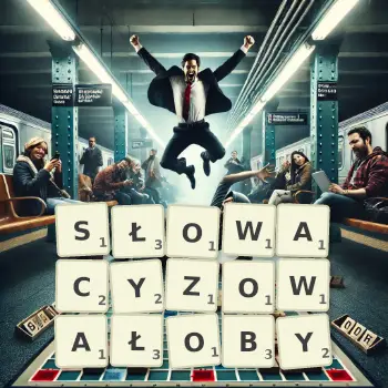 Kreatywna ilustracja do gry w Scrabble ze słowem SŁOWACYZOWAŁOBY ułożonym z płytek na planszy.