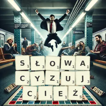 Kreatywna ilustracja do gry w Scrabble ze słowem SŁOWACYZUJCIEŻ ułożonym z płytek na planszy.