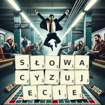 Kreatywna ilustracja do gry w Scrabble ze słowem SŁOWACYZUJECIE ułożonym z płytek na planszy.