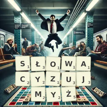 Kreatywna ilustracja do gry w Scrabble ze słowem SŁOWACYZUJMYŻ ułożonym z płytek na planszy.