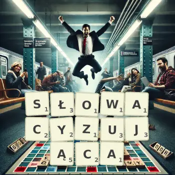 Kreatywna ilustracja do gry w Scrabble ze słowem SŁOWACYZUJĄCA ułożonym z płytek na planszy.