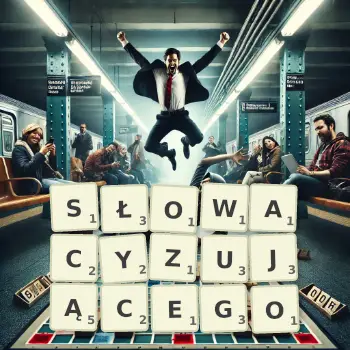 Kreatywna ilustracja do gry w Scrabble ze słowem SŁOWACYZUJĄCEGO ułożonym z płytek na planszy.