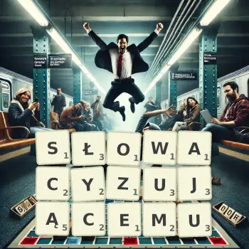 Kreatywna ilustracja do gry w Scrabble ze słowem SŁOWACYZUJĄCEMU ułożonym z płytek na planszy.