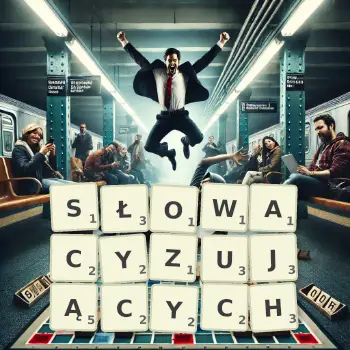 Kreatywna ilustracja do gry w Scrabble ze słowem SŁOWACYZUJĄCYCH ułożonym z płytek na planszy.