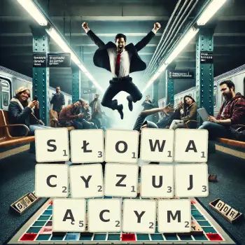 Kreatywna ilustracja do gry w Scrabble ze słowem SŁOWACYZUJĄCYM ułożonym z płytek na planszy.