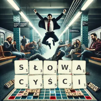 Kreatywna ilustracja do gry w Scrabble ze słowem SŁOWACYŚCI ułożonym z płytek na planszy.