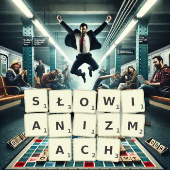 Kreatywna ilustracja do gry w Scrabble ze słowem SŁOWIANIZMACH ułożonym z płytek na planszy.