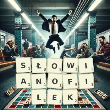 Kreatywna ilustracja do gry w Scrabble ze słowem SŁOWIANOFILEK ułożonym z płytek na planszy.