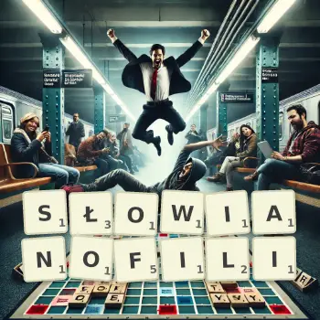 Kreatywna ilustracja do gry w Scrabble ze słowem SŁOWIANOFILI ułożonym z płytek na planszy.