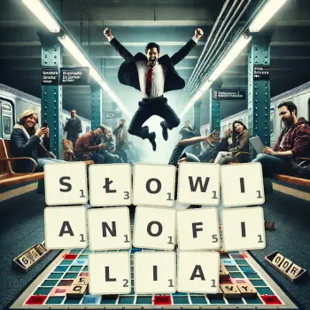 Kreatywna ilustracja do gry w Scrabble ze słowem SŁOWIANOFILIA ułożonym z płytek na planszy.