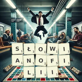 Kreatywna ilustracja do gry w Scrabble ze słowem SŁOWIANOFILII ułożonym z płytek na planszy.