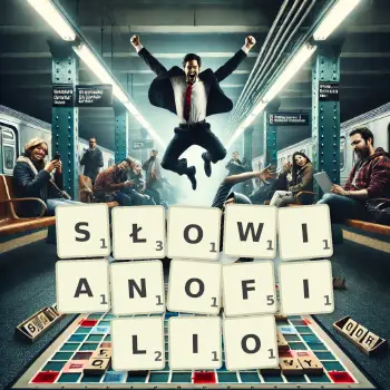 Kreatywna ilustracja do gry w Scrabble ze słowem SŁOWIANOFILIO ułożonym z płytek na planszy.