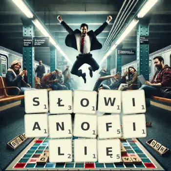 Kreatywna ilustracja do gry w Scrabble ze słowem SŁOWIANOFILIĘ ułożonym z płytek na planszy.