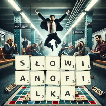 Kreatywna ilustracja do gry w Scrabble ze słowem SŁOWIANOFILKA ułożonym z płytek na planszy.