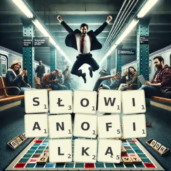 Kreatywna ilustracja do gry w Scrabble ze słowem SŁOWIANOFILKĄ ułożonym z płytek na planszy.