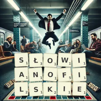 Kreatywna ilustracja do gry w Scrabble ze słowem SŁOWIANOFILSKIE ułożonym z płytek na planszy.