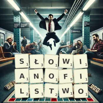 Kreatywna ilustracja do gry w Scrabble ze słowem SŁOWIANOFILSTWO ułożonym z płytek na planszy.