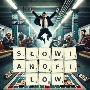 Kreatywna ilustracja do gry w Scrabble ze słowem SŁOWIANOFILÓW ułożonym z płytek na planszy.