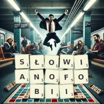 Kreatywna ilustracja do gry w Scrabble ze słowem SŁOWIANOFOBII ułożonym z płytek na planszy.