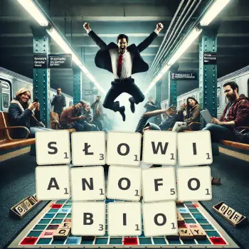 Kreatywna ilustracja do gry w Scrabble ze słowem SŁOWIANOFOBIO ułożonym z płytek na planszy.