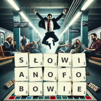 Kreatywna ilustracja do gry w Scrabble ze słowem SŁOWIANOFOBOWIE ułożonym z płytek na planszy.